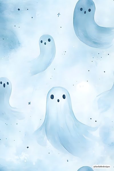 watercolor ghost pattern with stars in the sky Pastel Blue Halloween Cute Ghost Background, Halloween Background Cute Blue, Watercolor Halloween Print, lavender