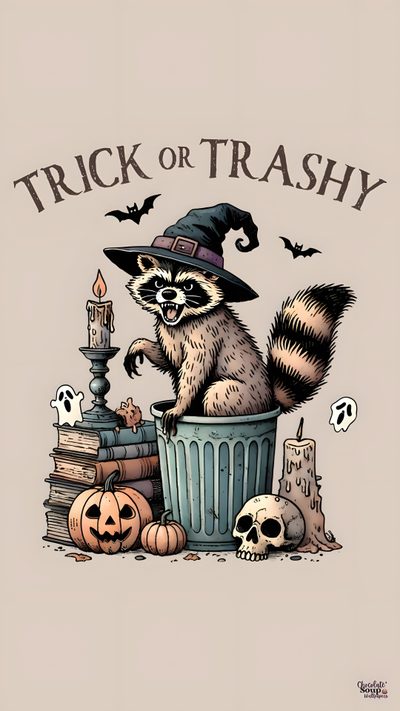 a raccoon wearing a witches hat sitting in a trash can with skulls and candles Halloween Raccoon Cute Halloween Raccoon Art, Funny Halloween Greeting Card, Halloween Party Decoration Ideas, light gray