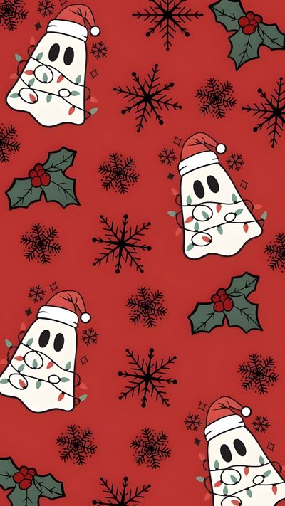 christmas bells and holly leaves on a red background Cute Halloween Christmas Christmas And Halloween, Christmas Halloween, Spooky Winter Phone, firebrick