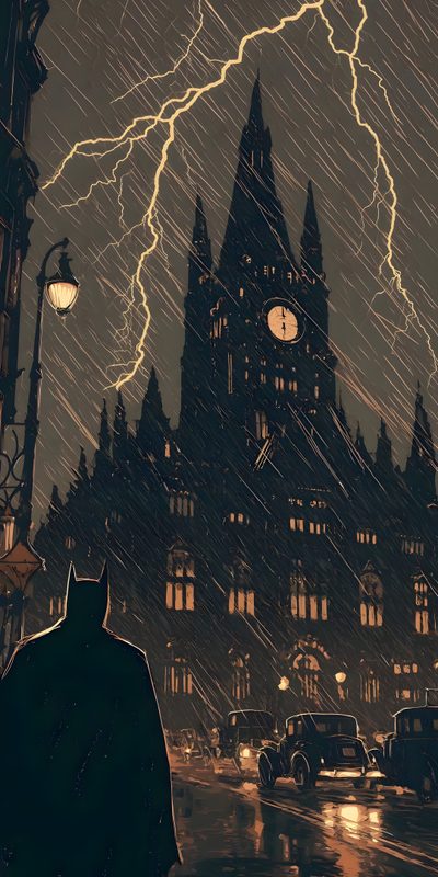 a batman standing in front of a clock tower at night with lightning coming from the sky Batman Halloween Iphone Batman Background Art, Batman Vintage, Batman Landscape, dark slate gray