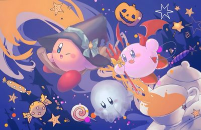 an image of some cartoon characters in the air with stars and clouds behind them, Kirby Halloween 4k Nintendo Halloween, Kirby Halloween Matching Pfp, Scared Kirby, light slate gray
