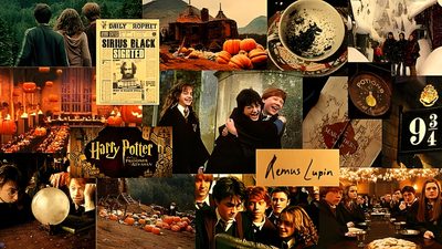 a collage of harry potter images with pumpkins and other things in the background Harry Potter Halloween Aesthetic Computer Hd, Harry Potter Poster, Yer A Wizard Harry, saddle brown