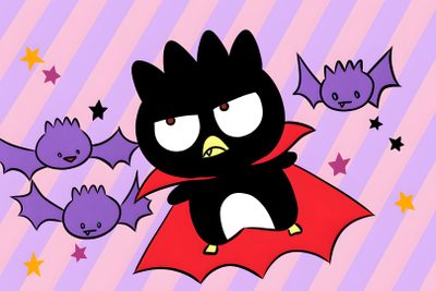 a cartoon bat flying through the air with other bats around it on a purple and pink striped background Badtz Maru Halloween Badtz Maru Halloween, Badtz Maru Vampire, Bats From Hello Kitty, Sanrio Bat, thistle