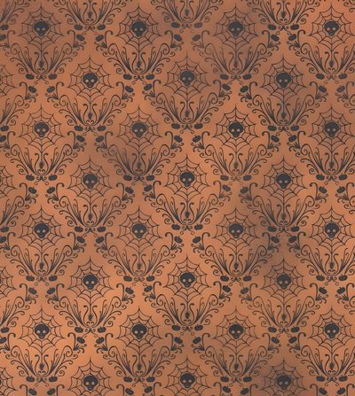 an orange and black wallpaper with floral designs on the backgrounge surface Halloween Dollhouse Halloween Background Paper, Halloween Dollhouse, Haunted Dollhouse, sienna