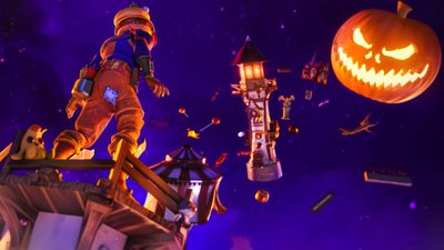 a man standing on top of a wooden platform next to a jack - o'- lantern Fortnite Halloween Jack Skellington Fortnite, Fortnite Orange Background, Nightmare Before Christmas Fortnite, midnight blue