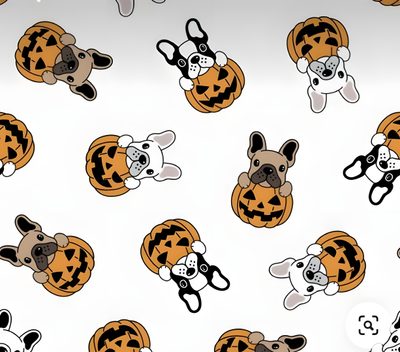 an animal themed wallpaper with dogs and pumpkins on it's back ground Halloween French Bulldog Cute Halloween Dog Cartoon, Dog Pumpkin, Cute Halloween Puppy Backgrounds, white smoke