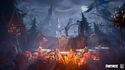 an animated halloween scene with lots of pumpkins in the foreground and people standing around Fortnite Halloween Halloween Background Fortnite, Fortnite Halloween Background, Fortnite Halloween Loading Screen, dark slate gray
