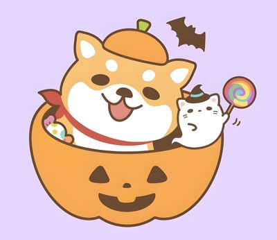 a cat in a pumpkin with a dog inside Shiba Inu Halloween Rilakkuma Pumpkin, Sumikko Gurashi Halloween, Rilakkuma Fall, lavender
