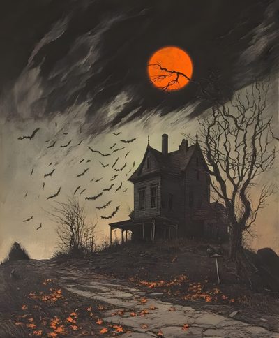 a painting of a house with bats flying over it Vintage Halloween Haunted House Spooky House Photography, Spooky Vintage Halloween, Spooky Scenery, dark slate gray