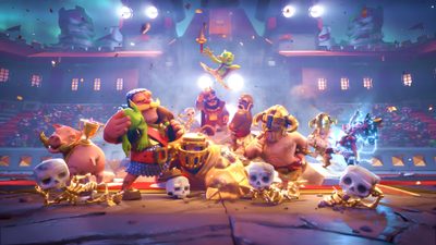an image of a group of cartoon characters in front of a stage full of skulls Clash Royale Halloween Mario Rabbids Kingdom Battle, Coc Hd, Clash Of Clans Background, 4k Coc, slate gray