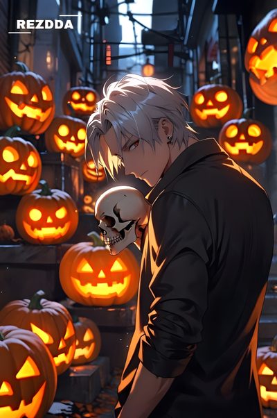 an anime character standing in front of pumpkins Halloween Boy Anime Male Ghost, Gojo Halloween Fanart, Jjk Halloween Art, dark slate gray