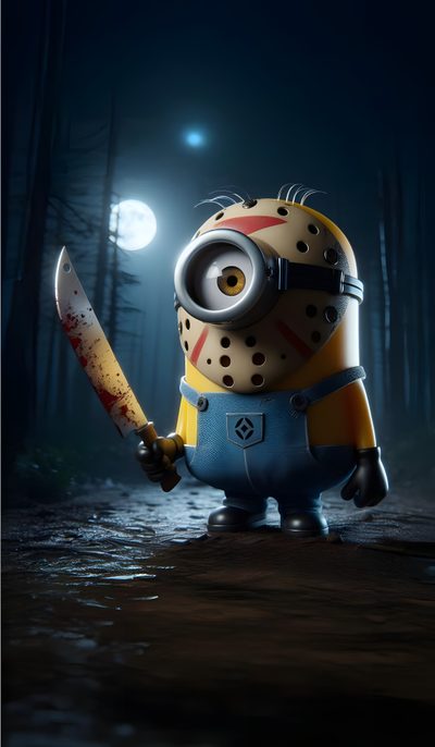 a minion holding a knife in the woods at night with lights on behind it Minions Halloween Minions Friday The 13th, Minion Jason, Minion Zombie, black