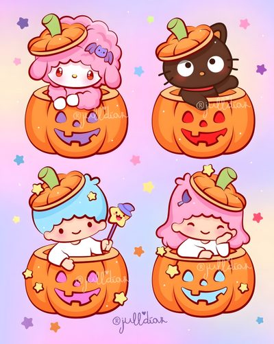 some cartoon pumpkins with different faces and hair on them, one has a cat in the Sanrio Halloween Pastel Kawaii Halloween, Chibi Gift, Sanrio Halloween, Halloween Pngs, Spooky Tattoos, pink