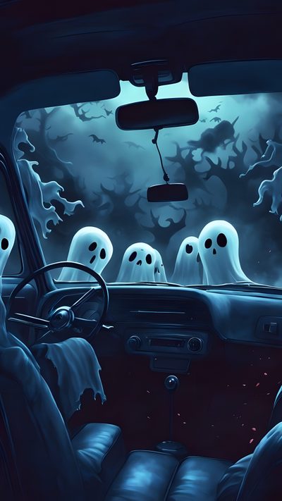 the interior of a car with ghost decorations on it Blue Halloween Iphone Creepy Car-themed Party Inspiration, Ghosts In A Vintage Car, Halloween Decoration Ideas,
