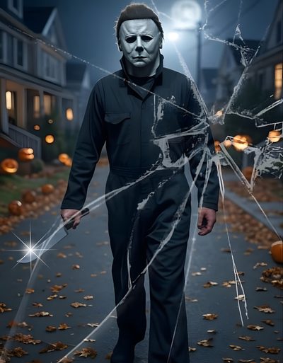 a man wearing a mask and holding a knife in the middle of a street at night Halloween Michael Myers Iphone Halloween Movies, Michael Myers, Halloween Art, Halloween, dark slate gray