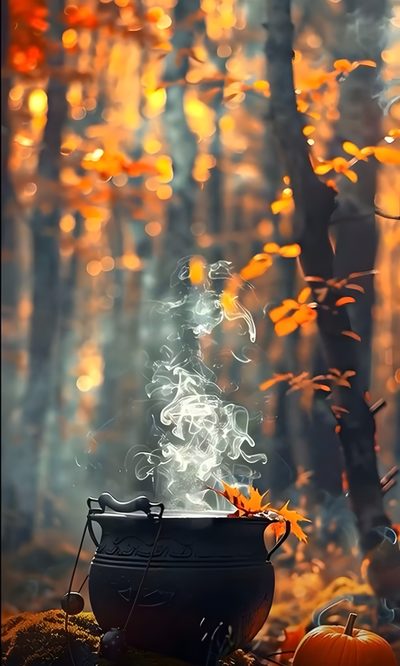 Autumn Magic Wallpaper, Witchy Halloween Background, Autumn Scenery, Gallery Artwork, October Wallpaper, Autumn Magic Aesthetic, Samhain Backgrounds, Samhain, Mabon Phone Wallpaper Halloween Witch Cauldron Autumn Magic, Witchy Halloween Background, Autumn Scenery, Gallery Artwork, dim gray
