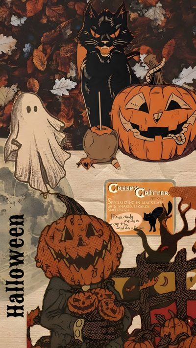 an image of halloween scene with cats and pumpkins Halloween Spirit Halloweencore, Halloween Iphone Vintage, Halloween Cat Background Aesthetic, saddle brown