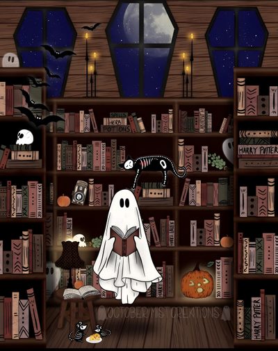 a book shelf filled with lots of books next to a ghost in front of a window Halloween Spooky Books Library Spooky Bookshelf, Spooky Book, Bookish Halloween, Ghost Book, dark slate gray