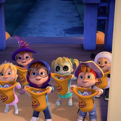 a group of cartoon characters standing next to each other Alvin And The Chipmunks Halloween Chipettes Halloween, Alvin And The Chipmunks Halloween Movie, Alvin Chipmunks Halloween, dark slate gray