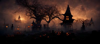 a spooky halloween scene with creepy houses and pumpkins Halloween Evening Custom Dark Halloween Landscape, Halloween Decoration Ideas, Halloween Spooky Graveyard Scene, black