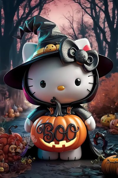 hello kitty is dressed up as a witch with her pumpkin in front of the woods Halloween With Hello Kitty In A Hat Hello Kitty Halloween, Hello Kitten, Halloween Backgrounds, dark slate gray