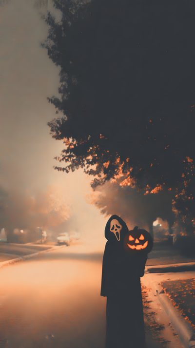 a person holding a jack o lantern on the side of a road with trees in the background Halloween Aesthetic Scream Halloween, Photo Halloween, Halloween Iphone Backgrounds, dark olive green