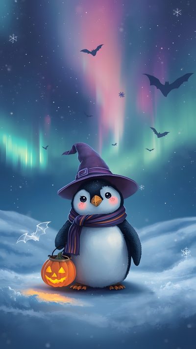 a penguin wearing a witches hat and holding a jack - o'- lantern in the snow Penguin Halloween Winter Penguin, Halloween, steel blue