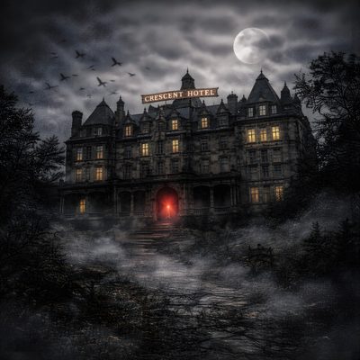 an image of a creepy hotel at night with the lights on and fog in the air Halloween Haunted Hotel Paranormal Investigation, History, Hotel, Hotel Building, dark slate gray