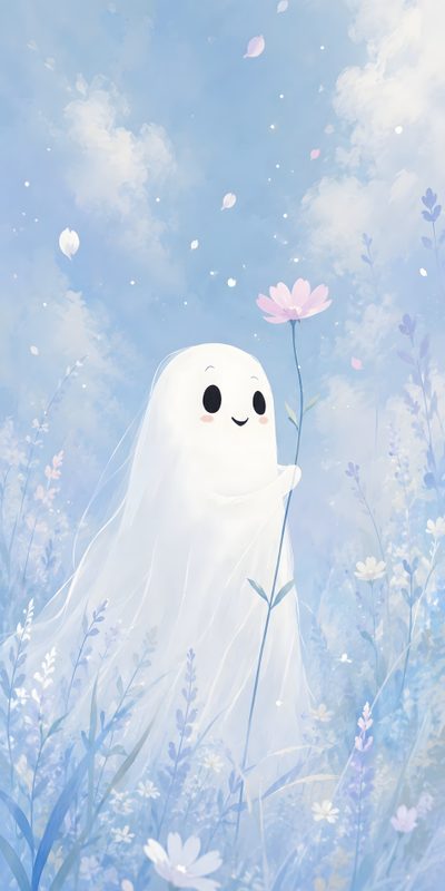a painting of a white ghost holding a pink flower in it's hand and looking up at the sky Pastel Blue Halloween Magic Art Aesthetic, Cute Backgrounds Aesthetic, Cute Ghost Aesthetic,