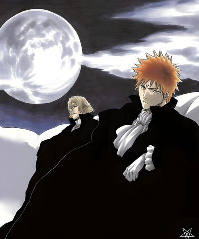 two anime characters are standing in front of a full moon and the sky is cloudy Bleach Halloween Ichigo Kurosaki, Yoruichi Shihouin, Rukia Bleach, Bleach Funny, Mangá, dark slate gray
