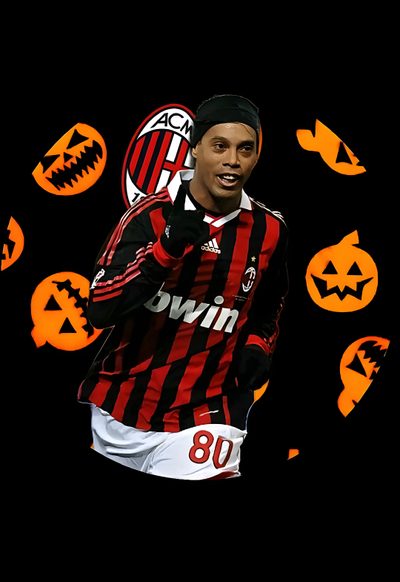 a soccer player is wearing a black and red striped shirt with pumpkins around him Halloween Soccer Ronaldinho Vintage, Retro Ronaldinho, Ronaldinho No Background, Ronaldinho Now, black