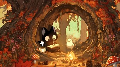 an illustration of a cat reading a book in front of a tree with birds and mushrooms Lofi Halloween Desktop Halloween Desktop, Minimalist Phone, Couverture Facebook, Flowery, saddle brown