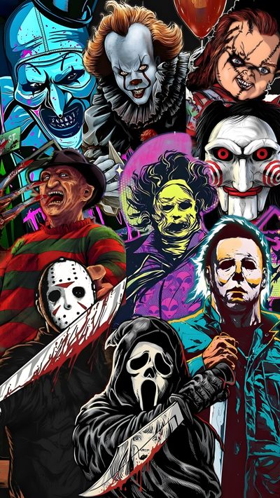 a collage of horror movie characters Halloween Apple Watch Faces Movie Character, Sticker Printable, Halloween Iphone Backgrounds, dark slate gray