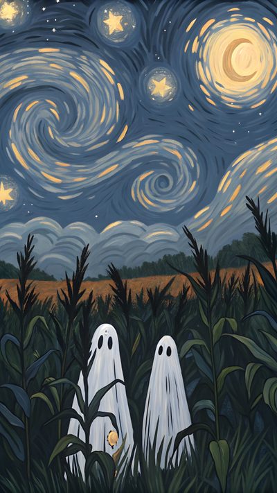 two ghost standing in the middle of a cornfield under a night sky with stars Calm Halloween Halloween Iphone Aesthetic, Halloween Home Screen, Iphone Halloween Aesthetic, dark slate gray