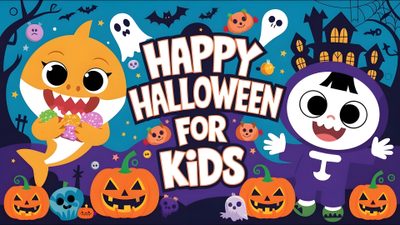 happy halloween for kids with cartoon characters and pumpkins Baby Shark Halloween Songs, Baby Shark, Nursery Rhymes, Pinkfong Hogi Halloween, Music For Kids, dim gray
