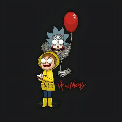 a cartoon character holding a red balloon with the words futura mort written on it Rick And Morty Halloween Rick And Morty Halloween, Rick And Morty Pennywise, Rick And Morty Supreme, black