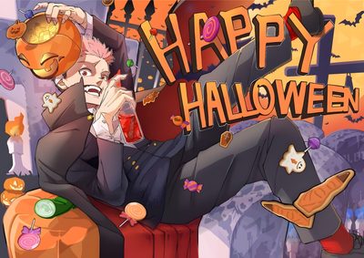 a man sitting on top of a chair in front of a sign that says happy halloween Jujustu Kaisen Halloween 1920x1080 Jjk Halloween Background, Jujutsu Kaisen Halloween, Sukuna Halloween Art, dim gray