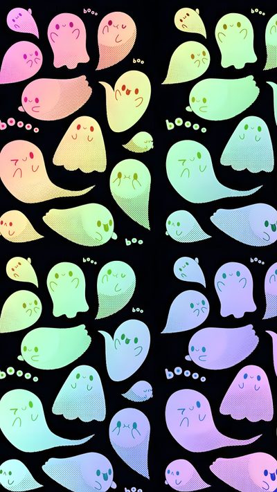 a group of ghost stickers on a black background with different shapes and colors in the shape of ghosts Gay Halloween Eevee, Spooky Background, Image Halloween, Halloween Backgrounds, light slate gray