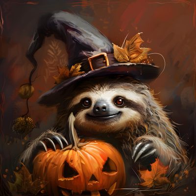 a slotty in a witches hat holding a pumpkin Halloween Sloth Halloween Sloth, Creepy Sloth, Sloth Christmas Meme, Sloth Slow Down Meme, saddle brown