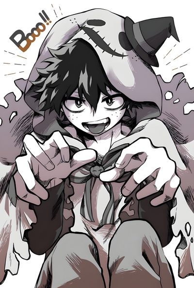 an anime character is sitting down with his hands on his chest Izuku Midoriya Izuku Midoriya Halloween Deku Anime, Deku Boku No Hero, Bakugou Manga, Villain Deku, dark gray