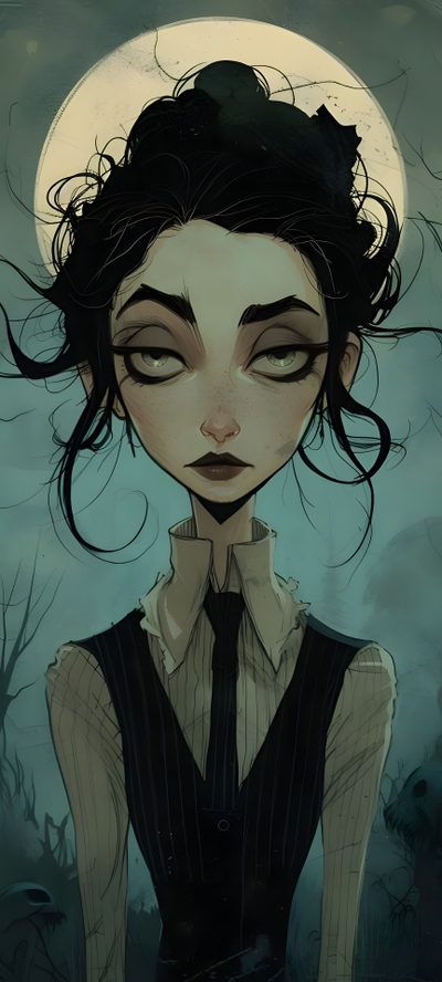 a drawing of a woman with her eyes closed and hair blowing in the wind, wearing a dress shirt and tie Halloween Portrait Dark Writer, Gothic Girl Illustration, Dnd Journalist, dark slate gray
