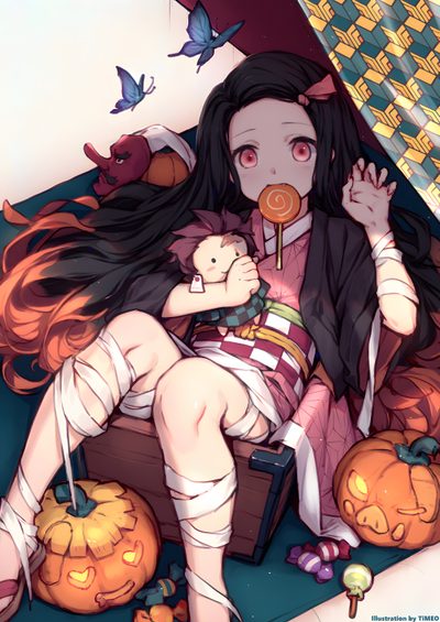 a woman sitting on top of a suitcase holding a candy lollipop in her hand Nezuko Kamado Halloween Nezuko Thanksgiving, Demon Slayer Halloween, Nezuko Kamado Halloween, indian red