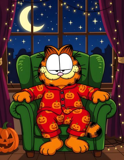 a cartoon cat sitting in a green chair with a pumpkin on it's feet Halloween Garfield Thundercats, Garfield Fall, Garfield Halloween, Garfields Halloween, dark slate gray