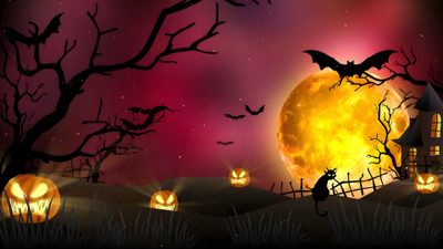 halloween scene with pumpkins and bats in front of a full moon Halloween Live Pc Cartoon Intro Template, Horror Animation Background, Halloween Aesthetic Gif, maroon