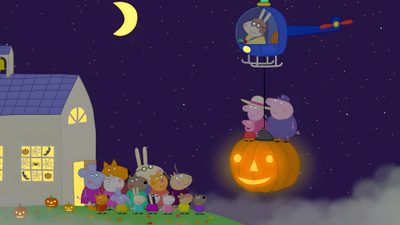 a group of cartoon characters sitting on top of a pumpkin in front of a house Peppa Pig Halloween Pumpkin Party Peppa Pig, Halloween Peppa Pig Pumpkin, Peppa Pig Autumn, midnight blue