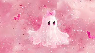 a ghost with a pink bow on its head in the air and butterflies around it Pink Halloween Laptop Halloween Aesthetic Pfp, Halloween Banners, Pink Desktop, Ghost Drawing,