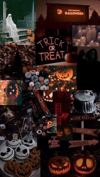 halloween collage with pumpkins, jack - o'- lanterns and other decorations Halloween Collages October Background Aesthetic, Halloween Background For Boys, Halloween Aesthetic Dark, black