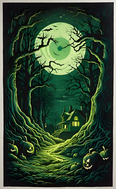 a painting of a creepy house in the woods with pumpkins on the ground and a full moon behind it Green Halloween Green Background Spooky Art, Green Forest Moon Scene, Green Halloween Background, black