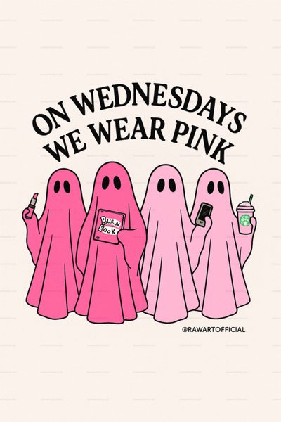 three pink ghost characters with the words on wednesday's we wear pink Mean Girls Halloween Pink Wednesday, Cute Halloween Mean Girls, Mean Girls Halloween, linen