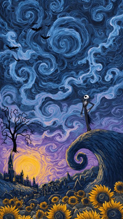 a painting of a person standing on top of a hill with sunflowers in the foreground Halloween Starry Night Halloween Iphone Backgrounds, Arte Van Gogh, Witchy, Halloween Iphone, dark slate gray